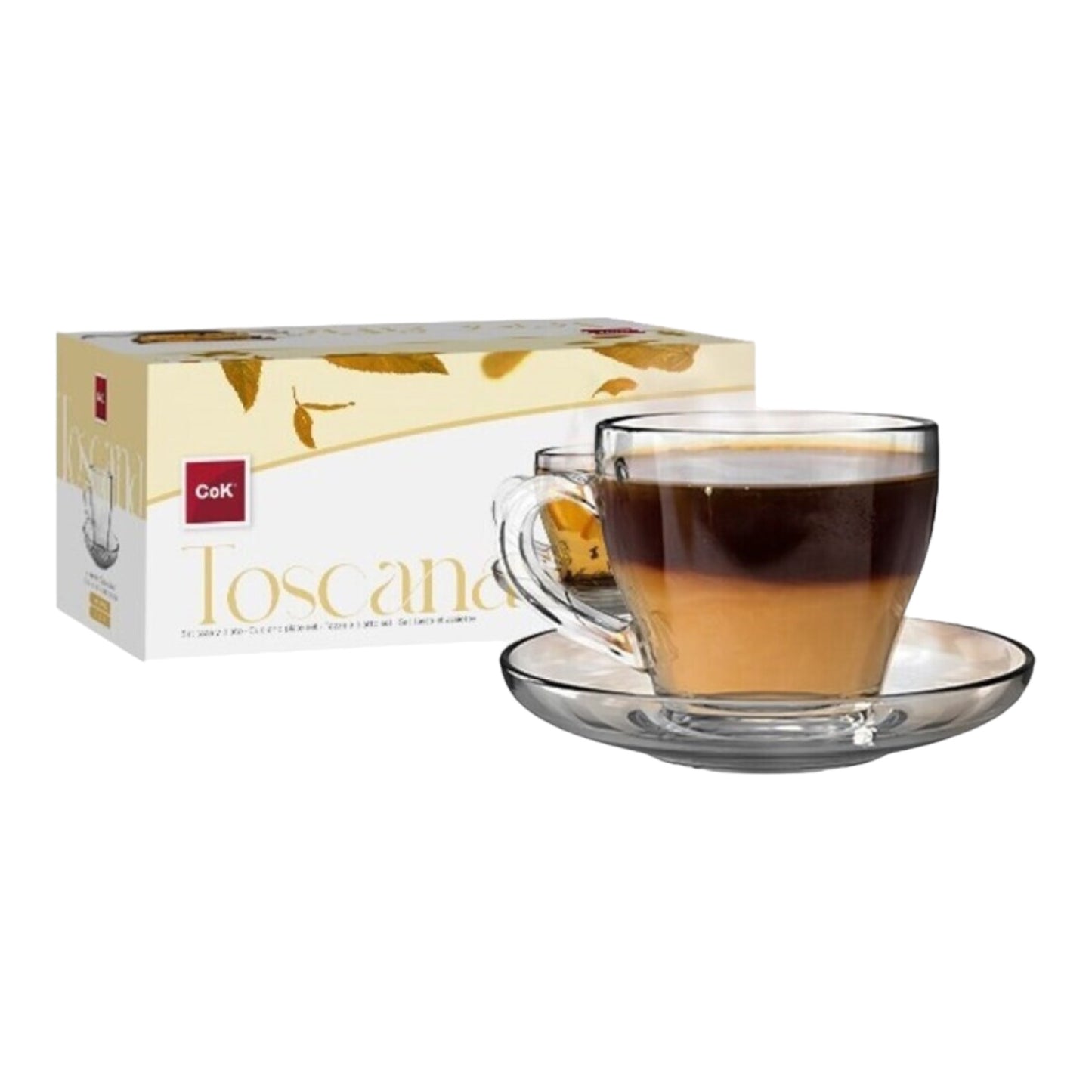 Set de café de 6 tazas con sus 6 platos, trasparente, de la línea Toscana, con capacidad de 23cl.