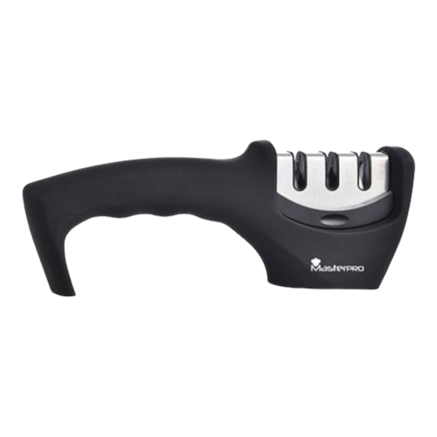 Afilador 19x7.8x7 cm, de Acero Inoxidable, Triple Ranura para Diferentes Cuchillos, Recubierto de silicona, Empuñadura Ergonómica Masterpro Foodies