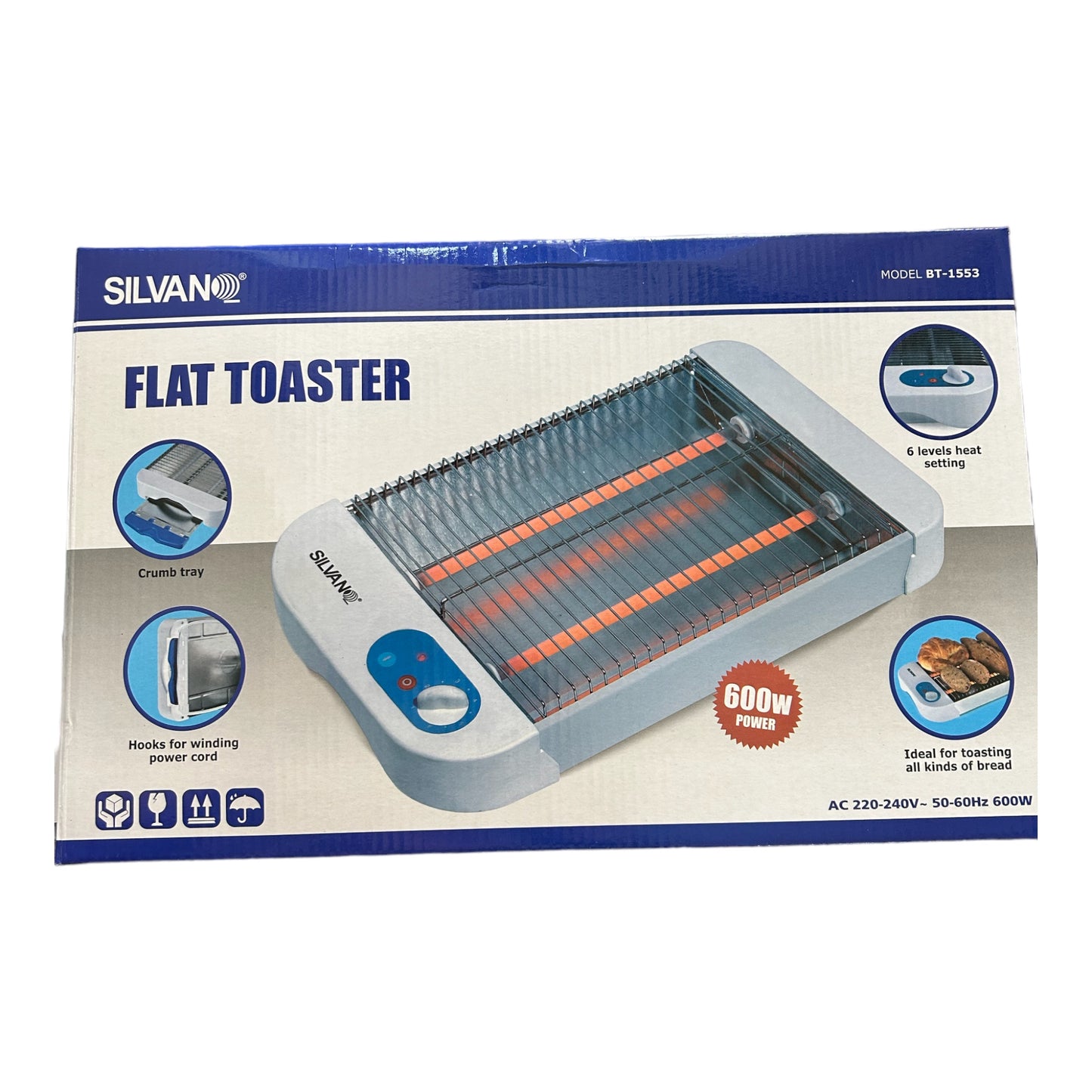 Silvano Tostador Plano de Resistencias de Cuarzo 600W 6 Niveles de Tostado BT-1553