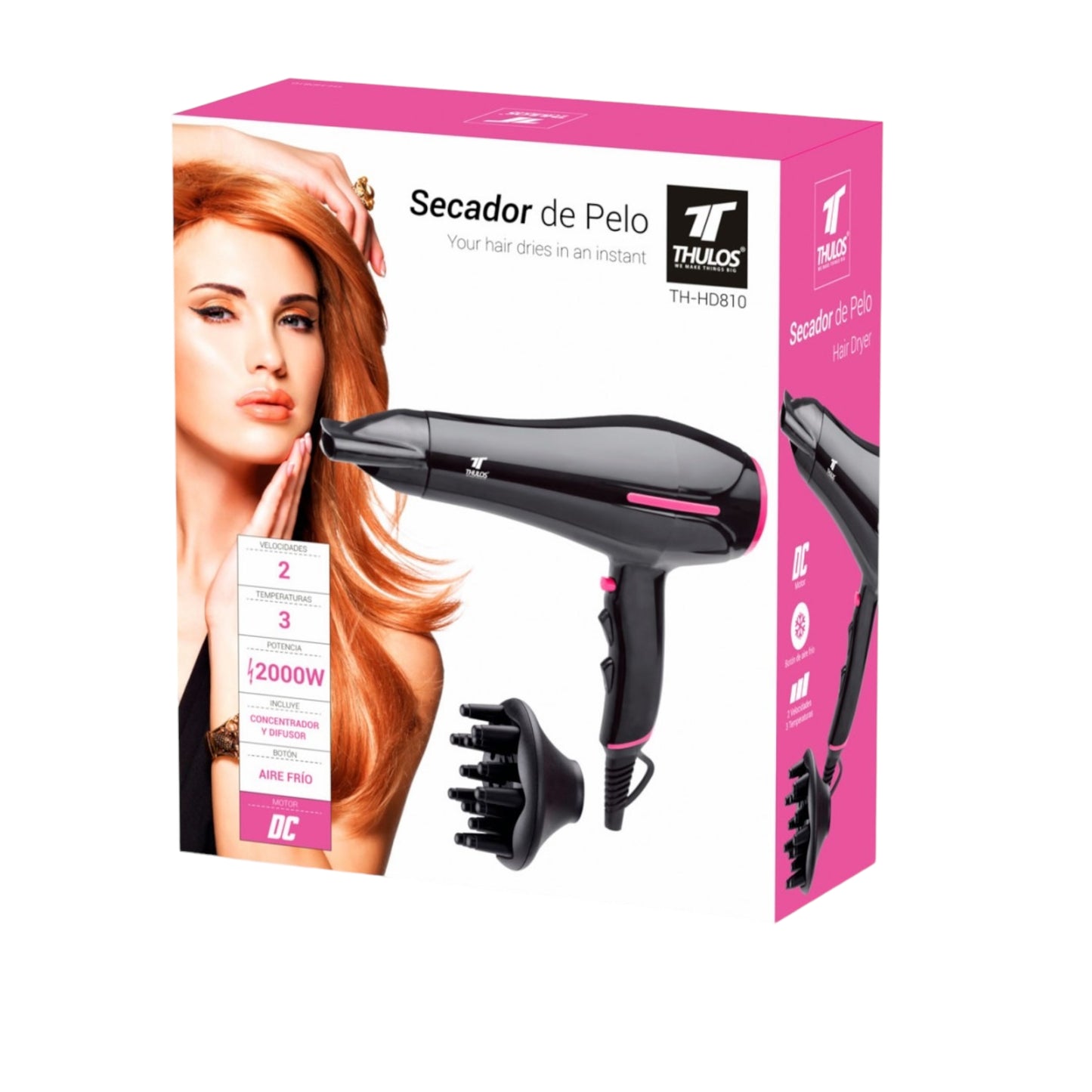 Secador de pelo, 2 velocidades, 3 temperaturas, 2000W, con difusor y concetrador. THULOS TH-HD810