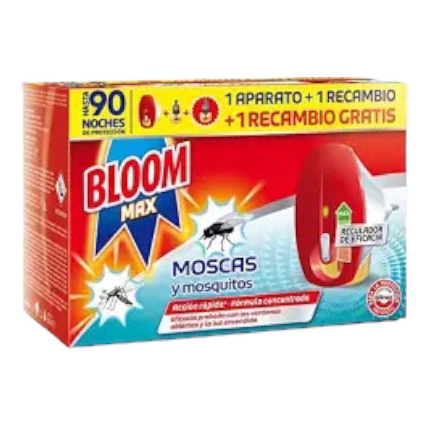 Bloom Max Insecticida Eléctrico Líquido, contra mosquitos común y tigre y moscas, 1 aparato + 2 recambios